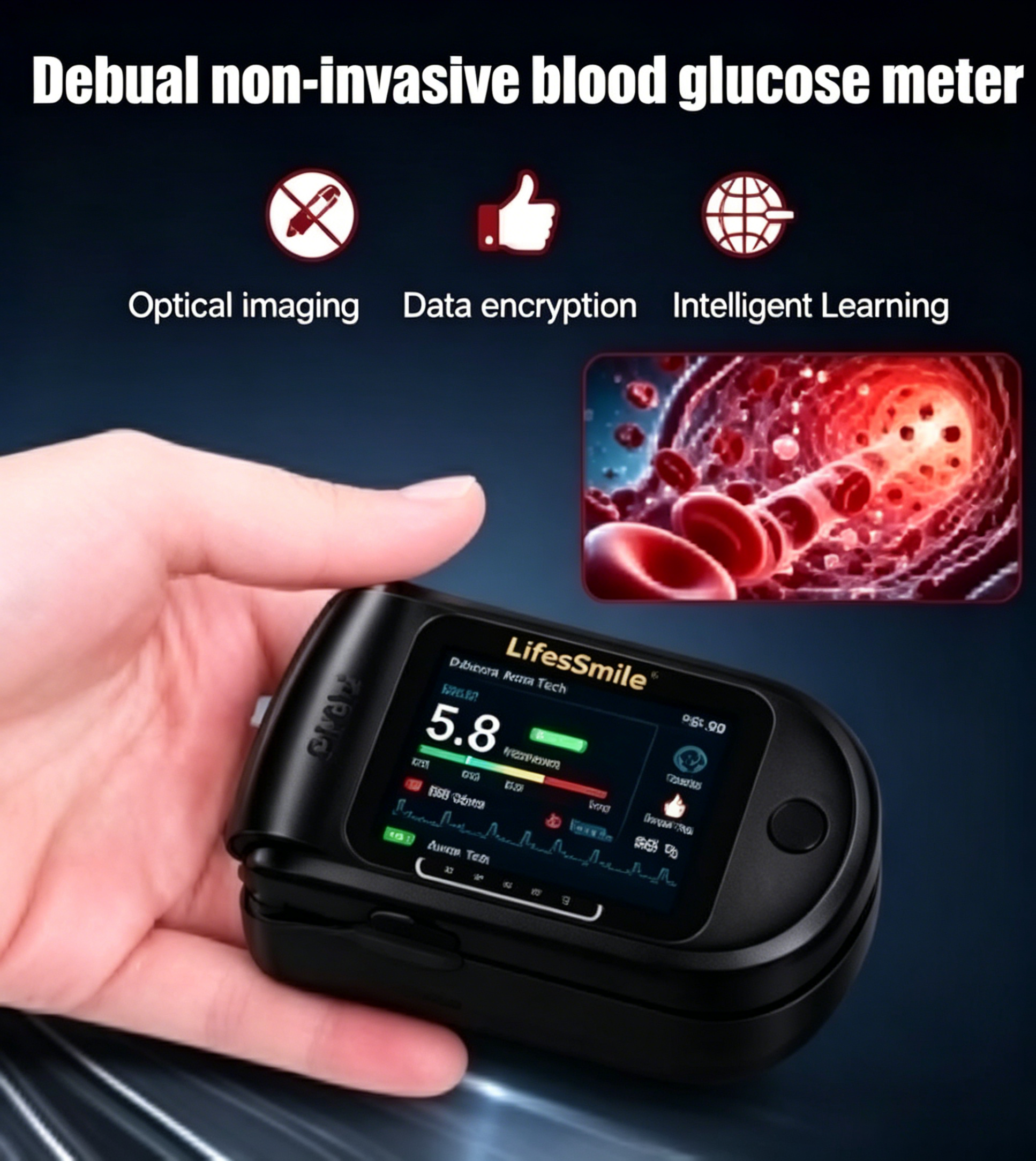 Lifes Smile-invasive AlBlood Sugar Analyzer l High-Precision 99.9% Accuracy TGACertified