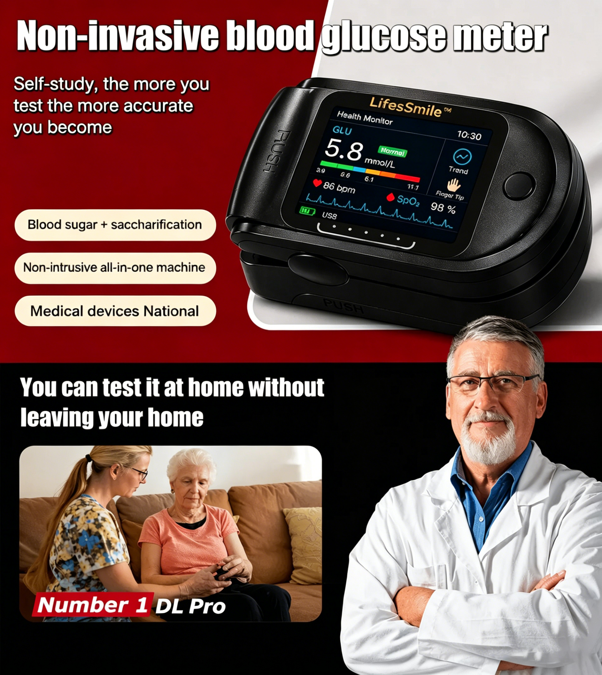 Lifes Smile-invasive AlBlood Sugar Analyzer l High-Precision 99.9% Accuracy TGACertified